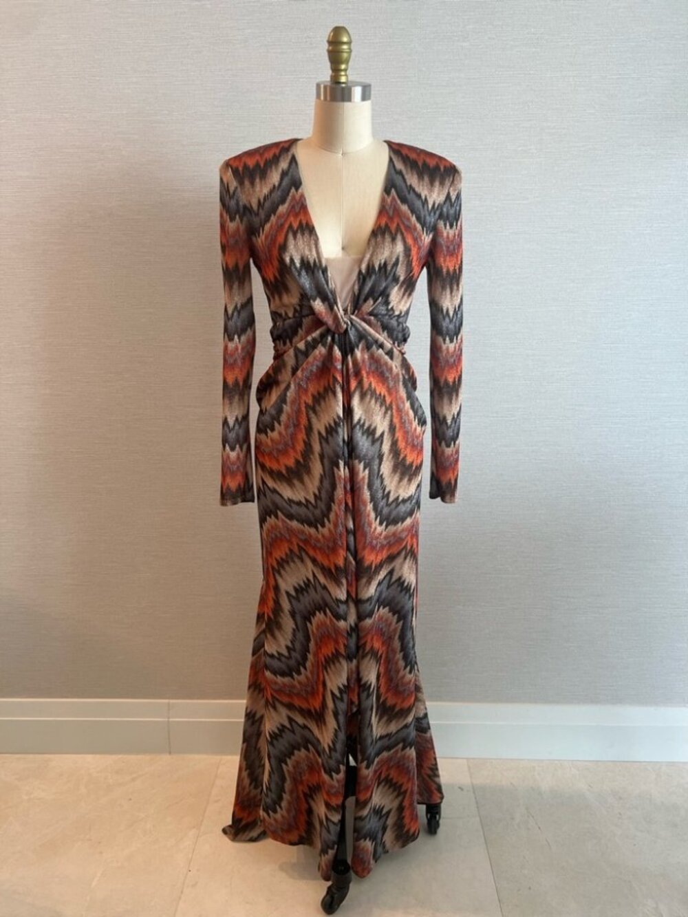 RONNY KOBO Stormy Knit Maxi Dress XS Orange Brown Metallic Deep V